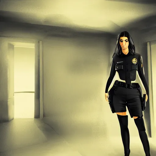 Image similar to kim kardashian as a cop, police uniform, full body view, full pov, haunted house interior, pretty, aesthetic, dust molecules, matte detailed photo, DeviantArt, Artstation, cinematic lighting