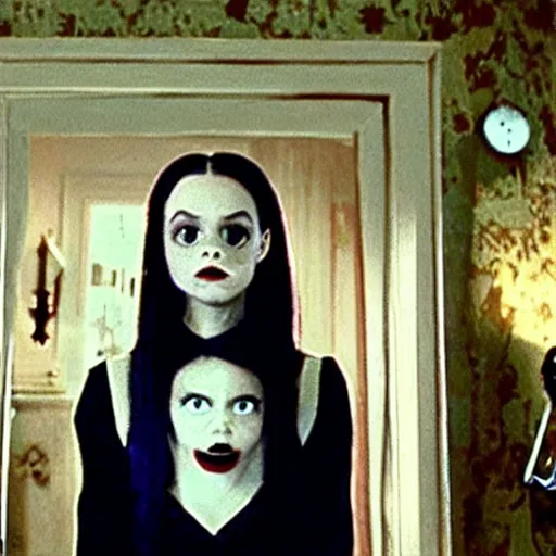 Image similar to scene from the movie the Addams Family, starring The Weeknd as Wednesday Addams