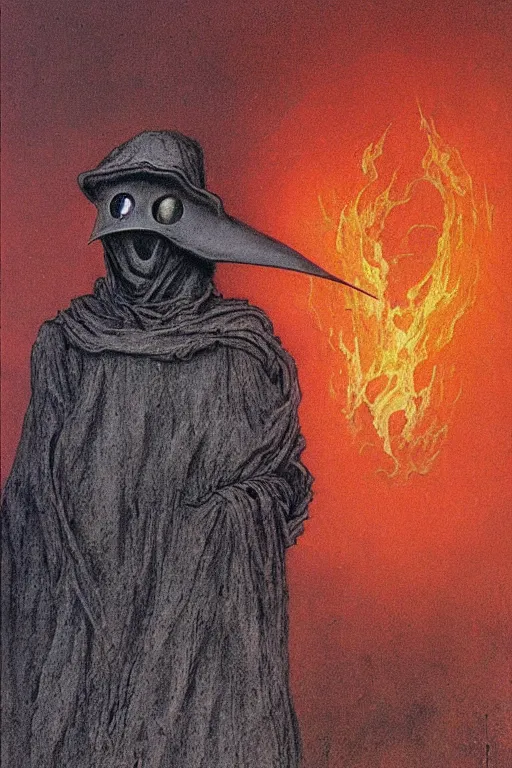 Image similar to plague doctor from iron gridle but human form, destroyed city and flames by zdzislaw beksinski, color