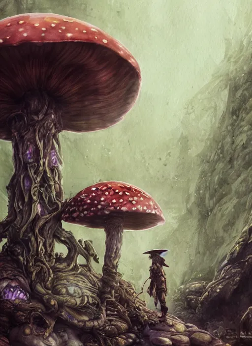 Prompt: humanoid mushroom wizard, watercolor, dramatic lighting, cinematic, establishing shot, extremely high detail, foto realistic, cinematic lighting, pen and ink, intricate line drawings, by Yoshitaka Amano, Ruan Jia, Kentaro Miura, Artgerm, post processed, concept art, artstation, matte painting, style by eddie mendoza, raphael lacoste, alex ross