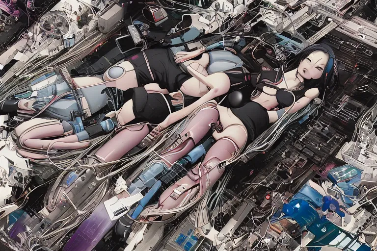 Image similar to a cyberpunk illustration of a group of female androids in style of masamune shirow, lying on an abstract, empty, white floor with their body parts scattered around in various poses and cables and wires coming out, by yukito kishiro and katsuhiro otomo, hyper-detailed, intricate, view from above