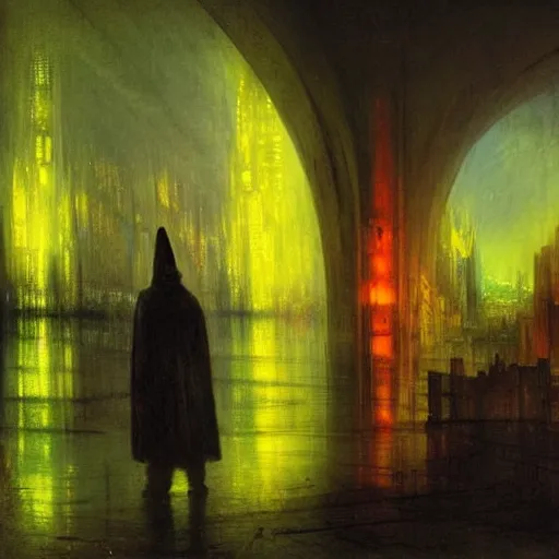 Prompt: futuristic cyberpunk neon cityscape with hooded figure in foreground painted by William Turner 1860