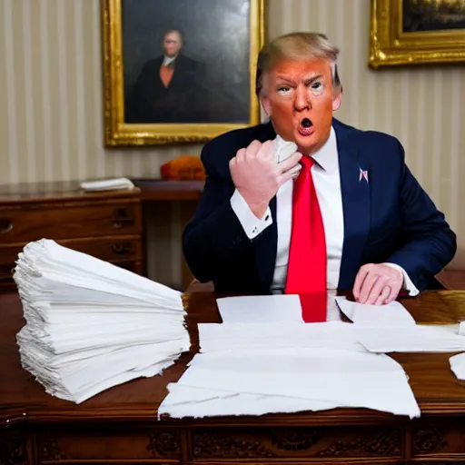 Image similar to candid portrait photo of president trump at his desk shoving crumpled papers into his mouth, chewing paper, eating paper, detailed portrait, 4 k, megapixel, sony a 7 s, f / 8, 2 4 mm lens