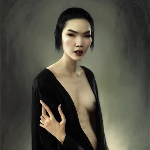 Image similar to detailed cinematic wide shot of beautiful attractive tao okamoto asian vampire woman wearing black bath robe slim face symettrical face clean skin black eyes black robe smooth, sharp focus, ultra realistic, spring light, painting by gaston bussiere, craig mullins, j. c. leyendecker