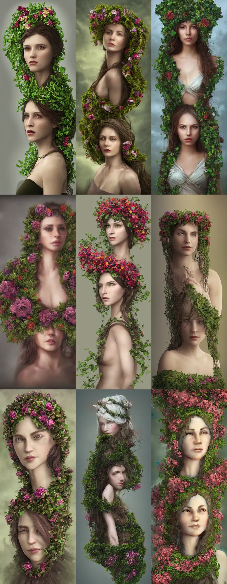 Prompt: full body portrait of a woman with a wreath on her head, a matte painting by nina tryggvadottir, featured on cg society, fantasy art, made of vines, daz 3 d, made of flowers