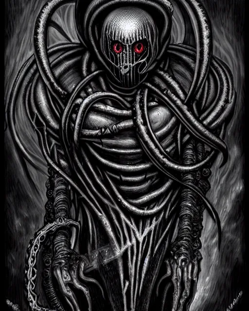 Image similar to Dark scary atomospheric detailed Outsider cyberpunk demon with scaly Tentacles from the Netherealm wearing a gas mask by HR Giger