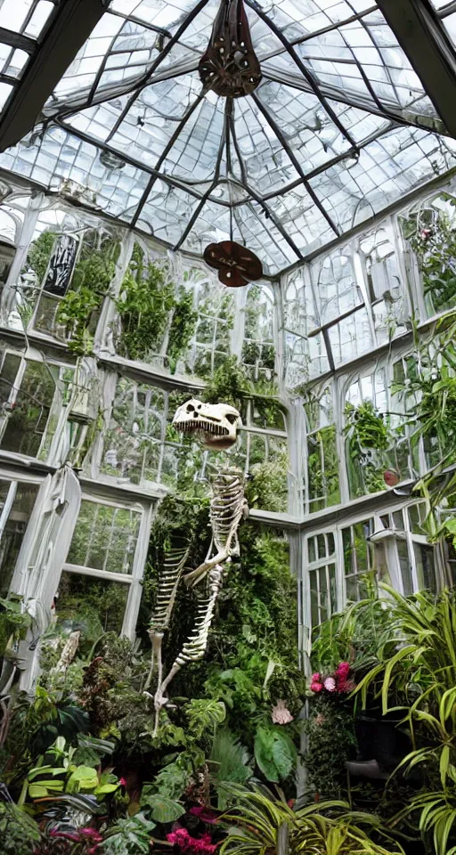 Image similar to a beautifu lush Victorian era conservatory with a t-rex skeleton on display