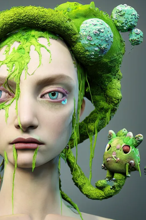 Prompt: nonbinary model, subject made of cracked clay, vine headdress, moss patches, 2 0 mm, with pastel yellow and green bubbles bursting out, melting into bulbasaur, delicate, beautiful, intricate, houdini sidefx, by jeremy mann and ilya kuvshinov, jamie hewlett and ayami kojima, bold 3 d