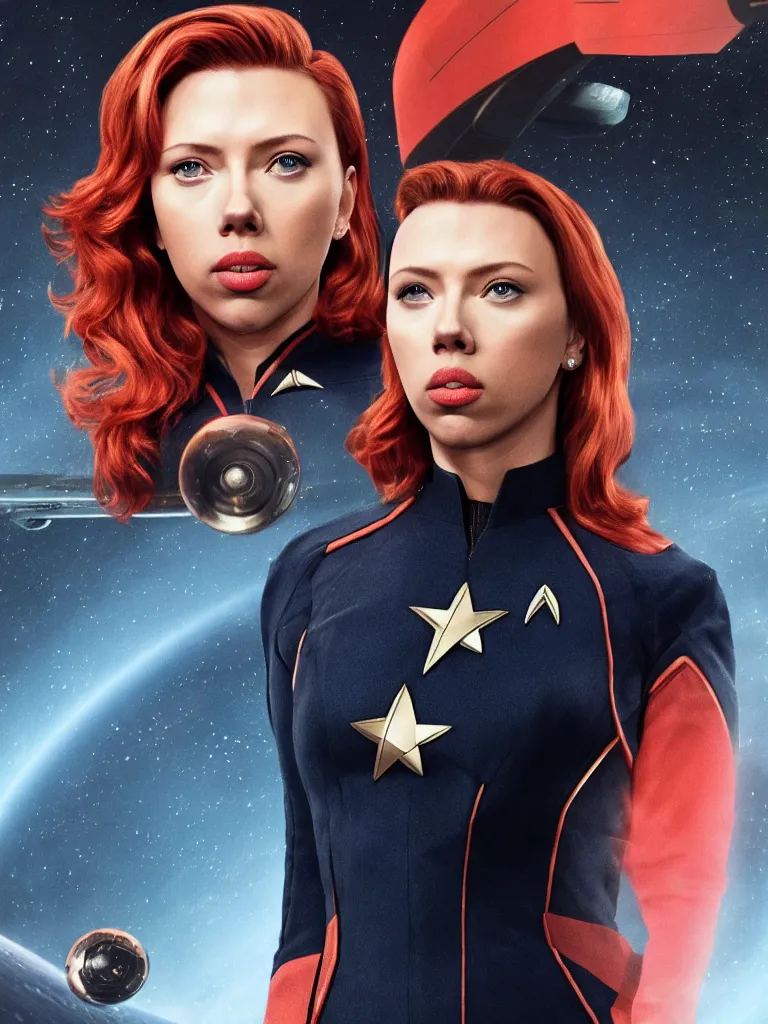 Image similar to Scarlet Johansson in a Star Trek suit, highly detailed headshot portrait.