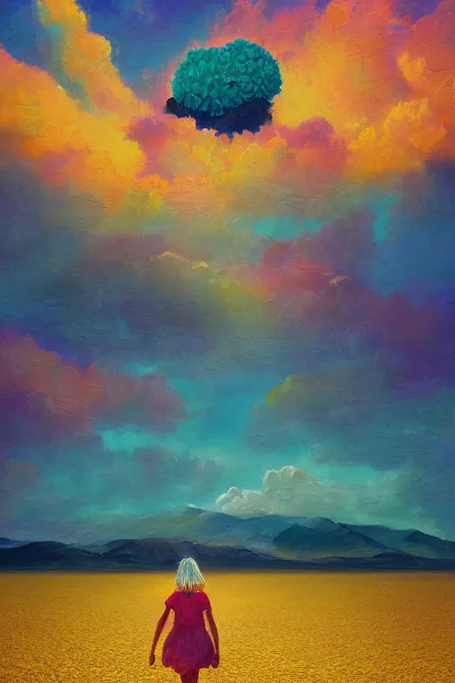 Image similar to giant daisy flower head, girl walking on salt flats mountains, surreal photography, sunrise, dramatic light, impressionist painting, colorful clouds, digital painting, artstation, simon stalenhag