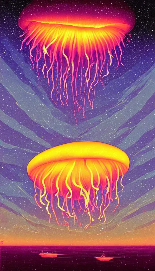 Prompt: The luminous jellyfish floating in starlit sunset sky, italian futurism, Dan Mumford, da vinci, Josan Gonzalez