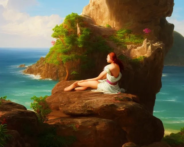 Image similar to an oil painting of a woman sitting on a rock overlooking an island, a digital painting by thomas cole, cgsociety, metaphysical painting, 2 d game art, storybook illustration, detailed painting