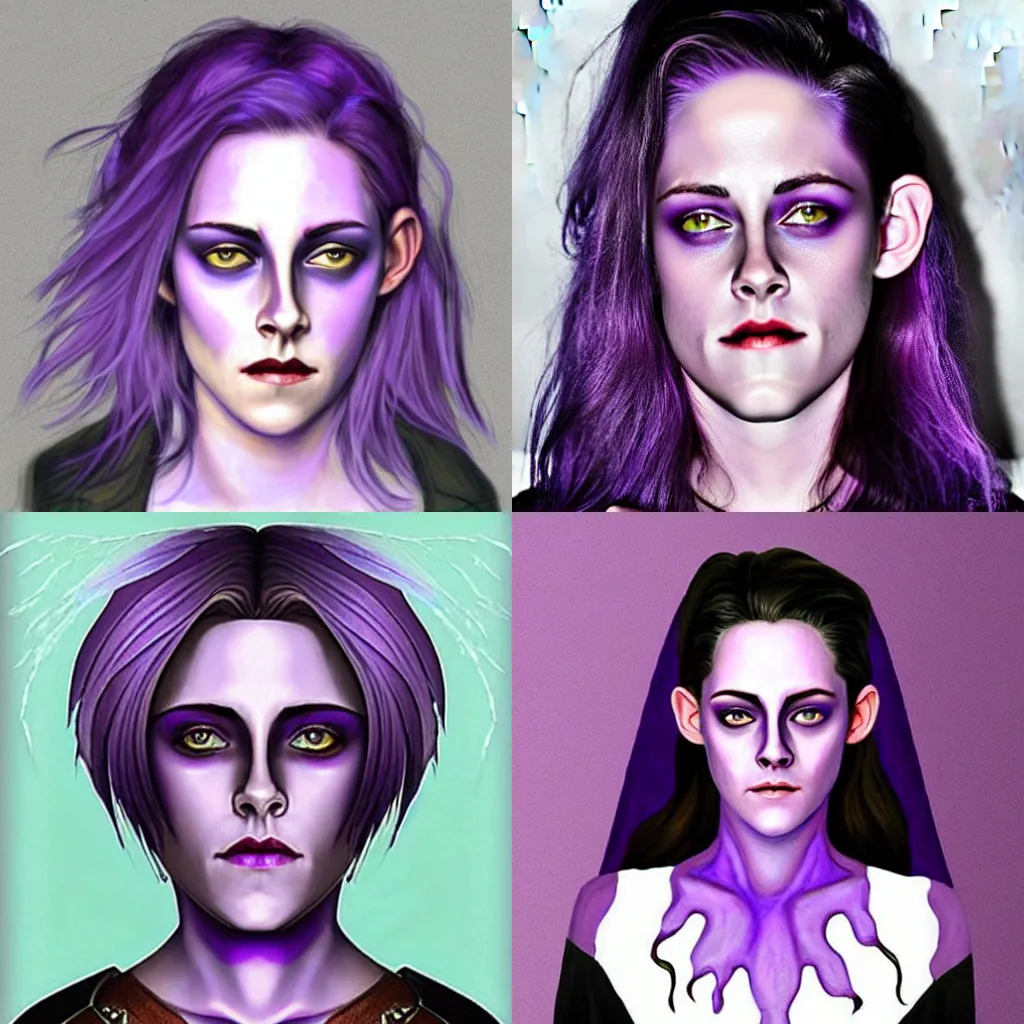 Prompt: head-on centered symmetrical painted portrait, violet skin! violet skin!!!!!!!!!!!!!!!!!! Kristen Stewart as a D&D wizard. dark-purple skin!!!!!!!! violet-skinned!!! violet-skinned!!!!!!! white hair!!! elf ears, fantasy, highly detailed, digital painting, smooth, sharp focus, illustration, dramatic lighting, artstation, in the style of Artgerm and Anna Podedworna and Alex Ross