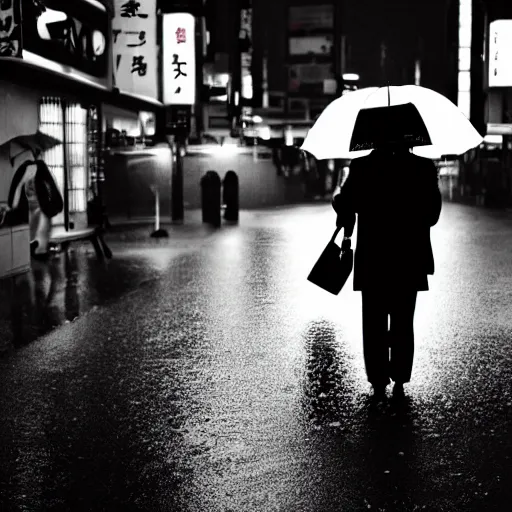 Image similar to a shadow figure holding an umbrella in tokyo, rainy, moody, 5 0 mm