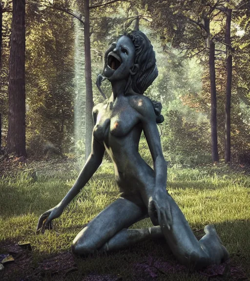 Prompt: weeping demon statue in graveyard surrounded by beautiful forest, grainy film photo, cgsociety, octane render, trending on artstation, artstationHD, artstationHQ, unreal engine, 4k, 8k