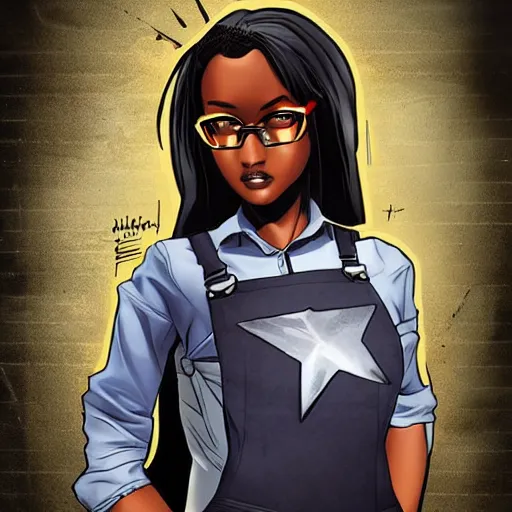 Image similar to a nerdy 17 year old black girl, comic book style, artgerm, wearing overalls, super hero, highly detailed, concerned