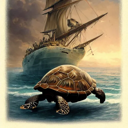 Image similar to realistic large turtle lying on fantasy ship top deck, naval background, wide angle shot, highly detailed, D&D, magic the gathering, fantasy, digital painting, artstation, concept art, smooth, sharp focus, illustration, art by artgerm and greg rutkowski and alphonse mucha