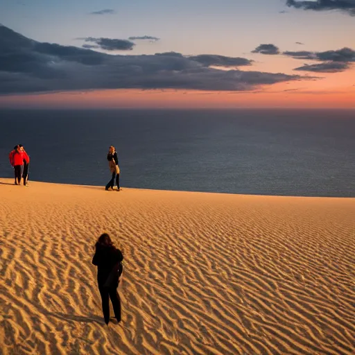 Image similar to three people watching the sun go down on the dune du pilat