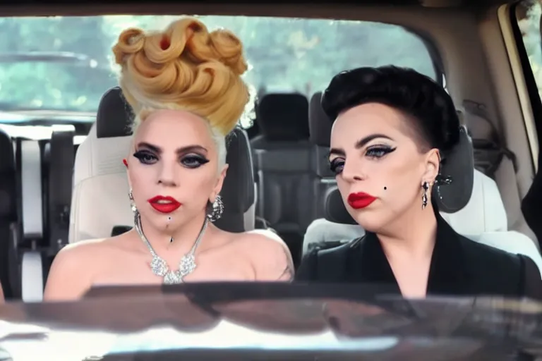 Image similar to lady gaga and judy garland in carpool karaoke, lady gaga, judy garland, red weapon 8 k s 3 5, cooke anamorphic / i lenses, highly detailed, cinematic lighting