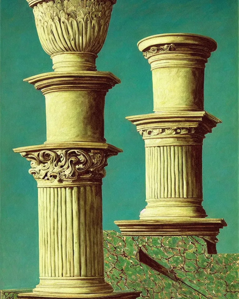 Image similar to achingly beautiful painting of intricate ancient roman corinthian capital on jade background by rene magritte, monet, and turner. giovanni battista piranesi.