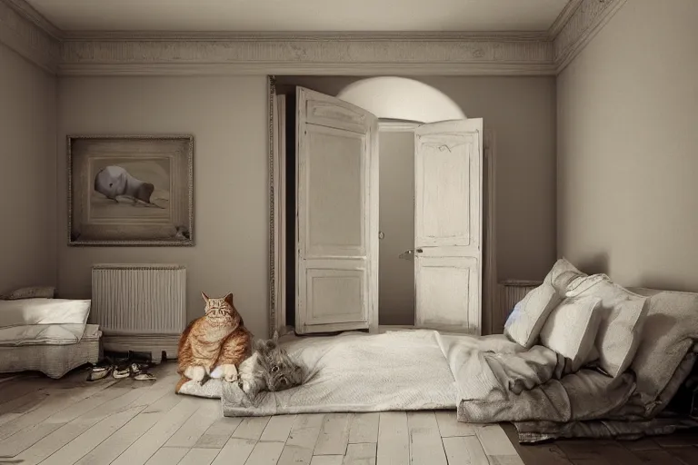 Prompt: Photography of Cat in modern Provence style room, photorealism,