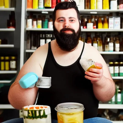 Prompt: obese 20 year old with messy black hair and big beard drinking mayonnaise from the jar