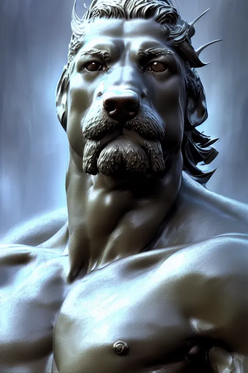 Prompt: portrait of dog as god by greg ruthkowski and craig mullins, norse statue, gorgeous, amazing, flowing hair, muscular, very muscular male body, intricate, highly detailed, 8 k, digital painting