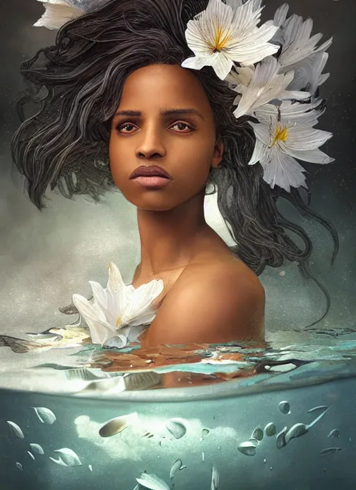 Image similar to dramatic upper body portrait of Megalyn Echikunwoke as a dark-skinned mermaid by Ruan Jia and Mandy Jurgens and Artgerm and william-adolphe bouguerea, underwater, white lilies, shells, mirror, marvel comics, intricate, highly detailed, smooth, artstation, digital illustration by julie bell and Ruan Jia and Mandy Jurgens and Artgerm and William Adolphe Bouguereau and John Collier and Greg Rutkowski and Frank Frazetta