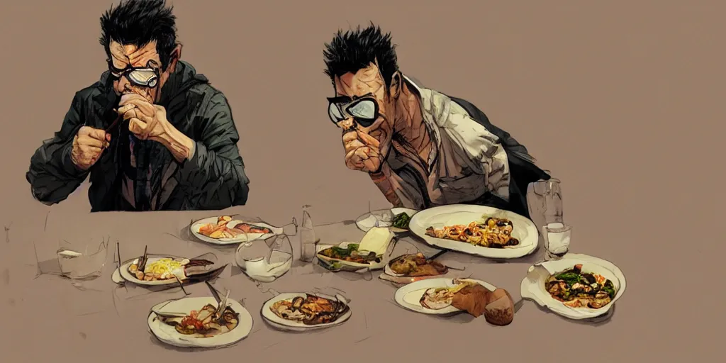 Image similar to cartoonish lou reed eating dinner, vivid colors, character sheet, fine details, concept design, contrast, kim jung gi, greg rutkowski, trending on artstation, 8 k, full body, turnaround, front view, back view, ultra wide angle