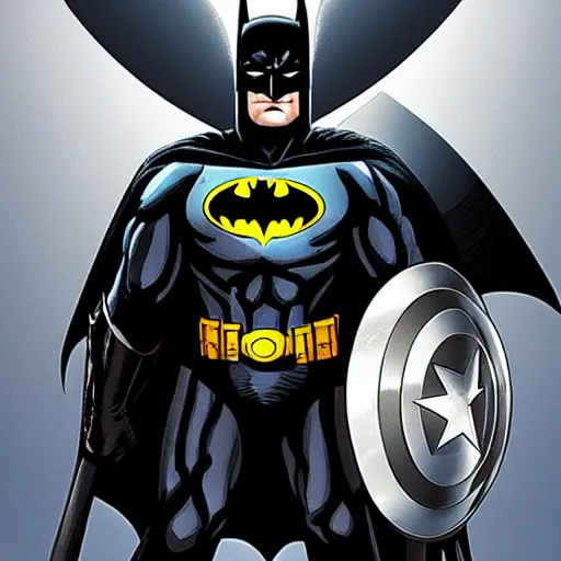 Prompt: high quality art of batman with captain's america shield in his hand