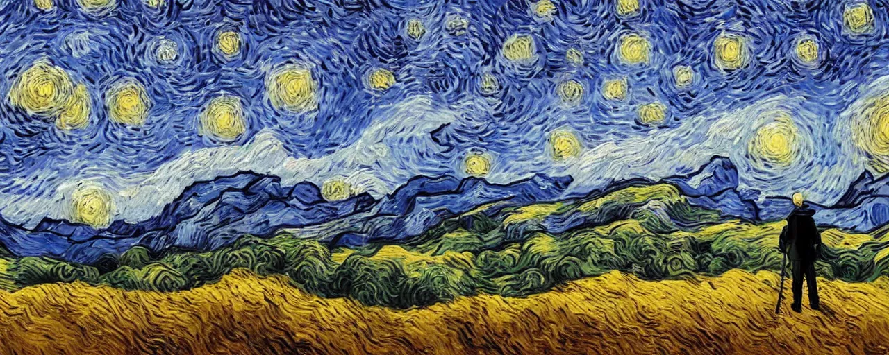 Prompt: landscape, mountain range in foreground, sky, style of Van Gogh starry night, atmospheric, cinematic, digital art, small man in center standing on mountain, mist in valleys