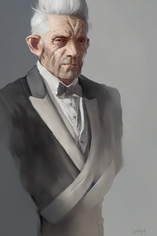 Image similar to a grey hair old halfling with stubble no beard top hat and suit by Greg Rutkowski, painting, portrait, HD, high details, trending on artstation