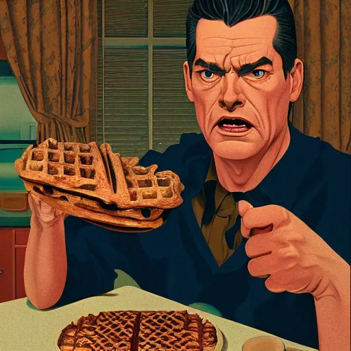 Prompt: twin peaks poster by michael whelan and tomer hanuka, close up portrait of man in a kitchen looking at a waffle, confused, angry, full of details, by makoto shinkai and thomas kinkade, matte painting, trending on artstation and unreal engine