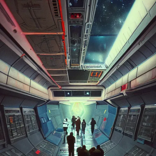 Image similar to space station corridor with big windows looking out into space, nebula, jim henson creature shop, robots humans and extraterrestrials, inside a crowded space station, 1 9 8 0 s science fiction, 1 9 7 0 s science fiction, alien 1 9 7 9, cyberpunk, 3 d oil painting, depth perception, 4 k, artstation