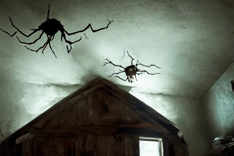 Prompt: film still of a six legged monster clinging to the ceiling of an old cabin's living room, horror movie, eerie, creepy, dark, amazing lighting, great cinematography, directed by scott derrickson