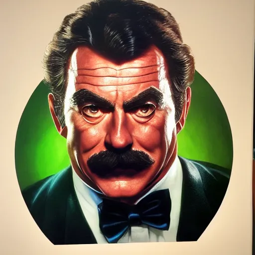 Image similar to ultra realistic head and shoulders portrait painting of tom selleck as the riddler, art by frank frazetta, 4 k, ultra realistic, highly detailed, epic lighting