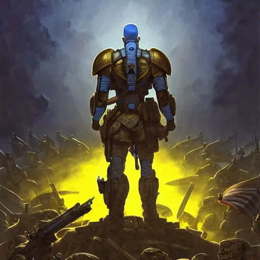 Image similar to a full body shot from distance from behind of a super soldier with a yellow and blue flag standing on a huge pile of skulls in triumph after battle, western, D&D, fantasy, intricate, elegant, highly detailed, digital painting, artstation, concept art, matte, sharp focus, symmetrical, illustration, art by Artgerm and Greg Rutkowski and Alphonse Mucha