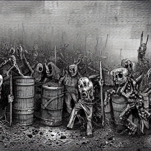 Image similar to zombies among 9 steel barrels in a graveyard, creepy atmosphere, dark, realistic, illustration by gustave dore