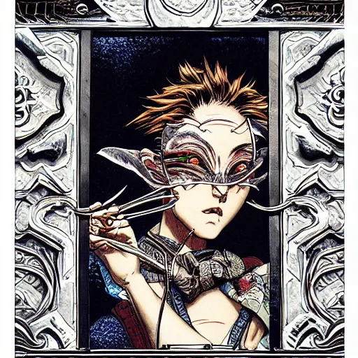 Image similar to face liking another face, inside a frame on a tiled wall, frontal picture, by yoichi hatakenaka, masamune shirow, josan gonzales and dan mumford, ayami kojima, takato yamamoto, karol bak