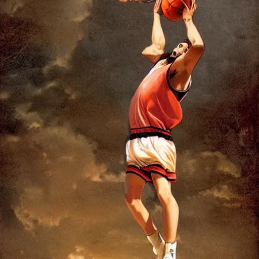 Prompt: Jesus dunking a basketball, hd