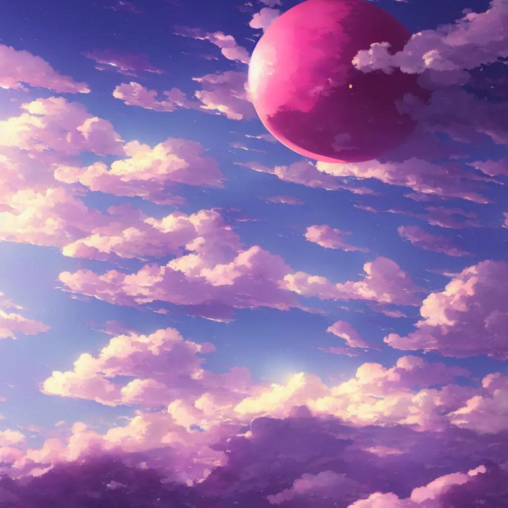 Prompt: Big pink sphere high in the sky, beautiful matte painting by Makoto Shinkai,