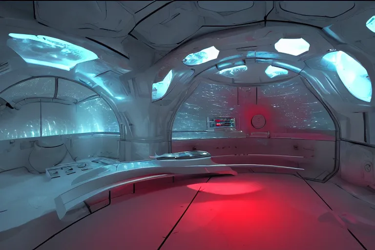 Prompt: interior of cryogenic pods room inisde an alien spaceship, red light on pods, volumetric lighting, atmospheric