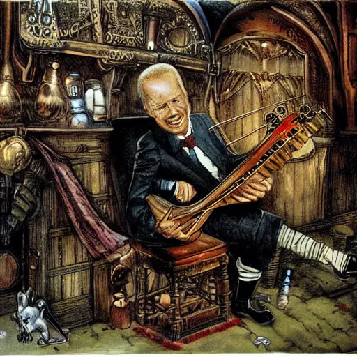 Prompt: masterpiece painting of Joe Biden playing the hurdy gurdy in a fantasy tavern by Ian Miller