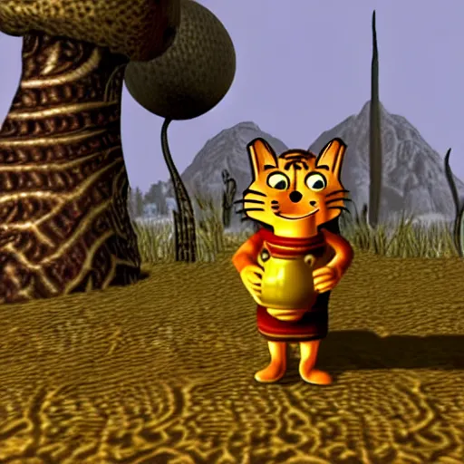 Prompt: garfield drinking from a vase in morrowind, retro pc graphics, video game screenshot