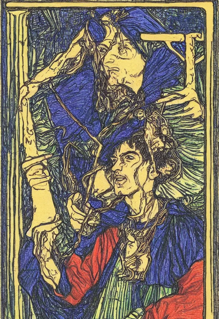 Image similar to Yoshua Bengio smiling drawn on the Tarot card. Illustration by preraphaelists.