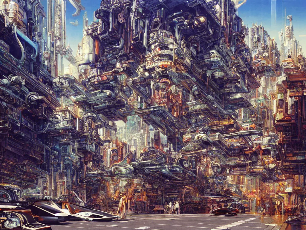 Prompt: hyperrealistic painting of a slice of life from a futuristic city, mechanical designs, futuristic vehicles, technological, engineering marvels, elegant, meticulous, cinematic, cyberpunk style, highly detailed, realism, intricate, acrylic on canvas, 8 k resolution, concept art, by noriyoshi ohrai, gustave moreau, moebius