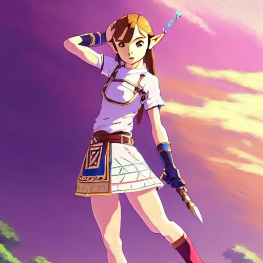 Image similar to a beautiful! boyish! natalie portman as zelda from botw, alluring gravure! model, wearing japanese school girl outfit with mayan pattern and native style, aztec street fashion, gapmoe yandere grimdark, trending on pixiv fanbox, painted by greg rutkowski makoto shinkai takashi takeuchi studio ghibli, akihiko yoshida