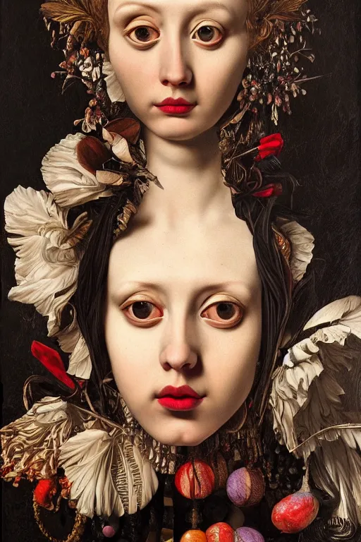 Prompt: Detailed maximalist portrait with large lips and wide eyes, sad expression, extra hands, HD mixed media, 3D collage, highly detailed and intricate, surreal, illustration in the style of Caravaggio, dark art, baroque