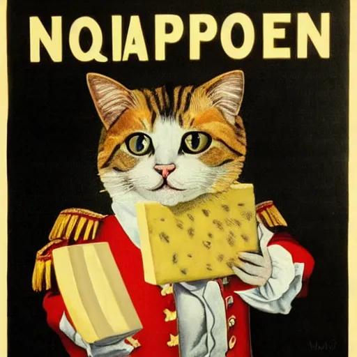 Image similar to a propaganda poster depicting a realistic looking cat dressed as french emperor napoleon holding a piece of cheese