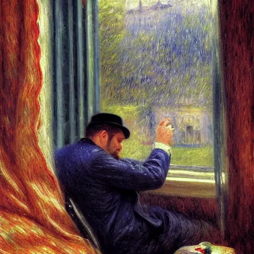 Prompt: on a rainy day, someone in home sits in bed, curled up under the covers, watching the rain outside the window, cinematic, artstation, extremely detailed, intricate, cinematic lighting, art by pierre - auguste renoir, gustave caillebotte